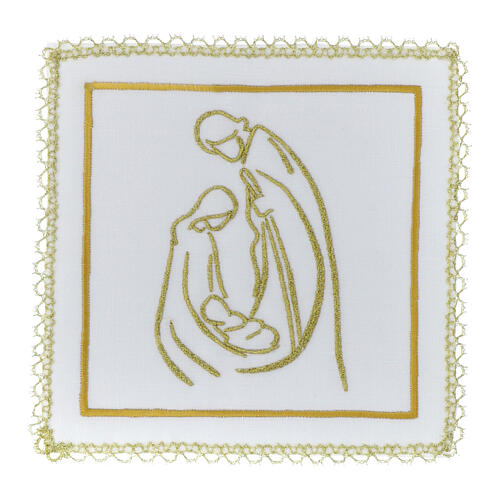 Conjunto de altar Sagrada Família linho bordado ouro meio fino 1