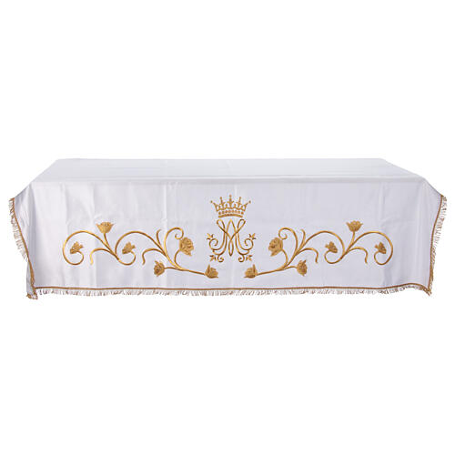 Marian altar cloth with golden embroidery and crystals, shining satin, 60x40 in 1