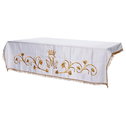 Marian altar cloth with golden embroidery and crystals, shining satin, 60x40 in 4