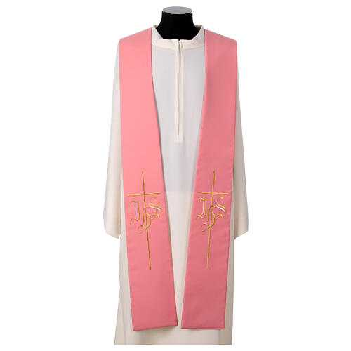 Pink stole with golden embroidery, IHS and cross, 100% polyester 1
