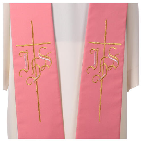 Pink stole with golden embroidery, IHS and cross, 100% polyester 2