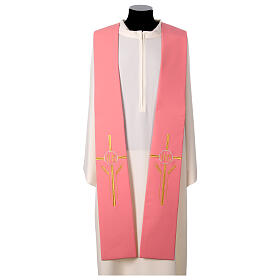 Pink polyester stole with golden cross, IHS and ear of wheat