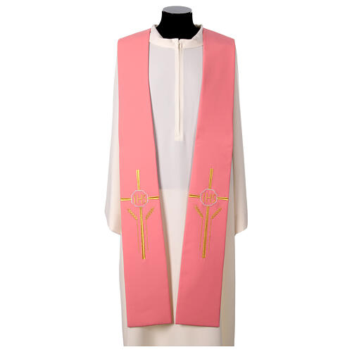 Pink polyester stole with golden cross, IHS and ear of wheat 1