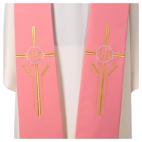 Pink polyester stole with golden cross, IHS and ear of wheat 2
