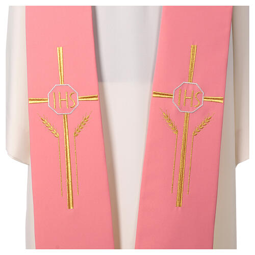 Estola monocolor rosa poliéster cruz oro IHS y espigas 2