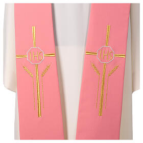 Single color pink polyester stole with IHS gold cross and ears