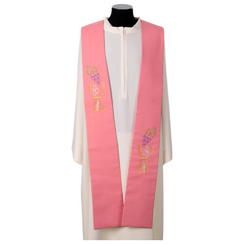 Pink polyester stole with grapes, chalice, fish and bread 1