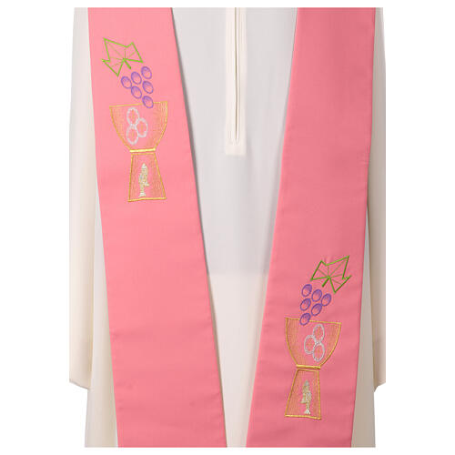 Pink polyester stole with grapes, chalice, fish and bread 2