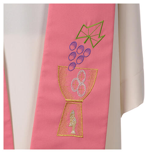 Pink polyester stole with grapes, chalice, fish and bread 3