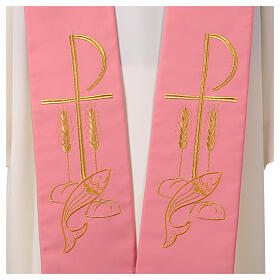 Pink polyester stole with golden embroidery, Chi-Rho, wheat, fish and bread