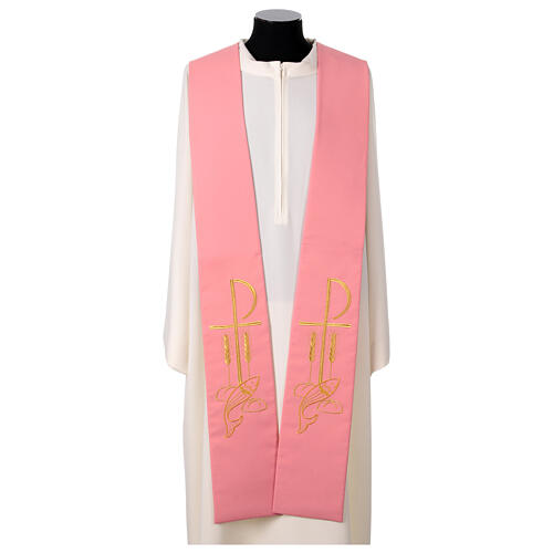 Pink polyester stole with golden embroidery, Chi-Rho, wheat, fish and bread 1