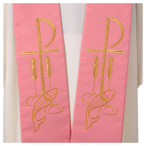 Pink polyester stole with golden embroidery, Chi-Rho, wheat, fish and bread 2