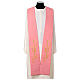 Pink polyester stole with golden embroidery, Chi-Rho, wheat, fish and bread s1