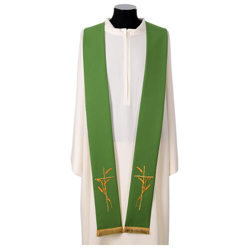 Two-tone stole, white, green, polyester cross and wheat 1