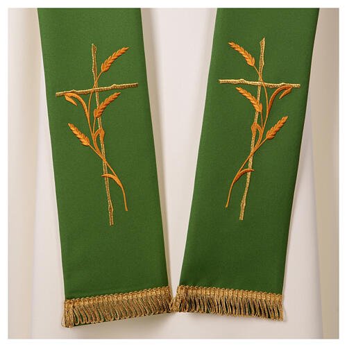 Two-tone stole, white, green, polyester cross and wheat 3