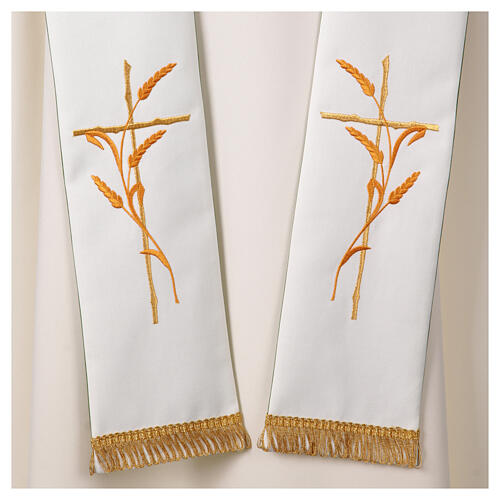 Two-tone stole, white, green, polyester cross and wheat 4