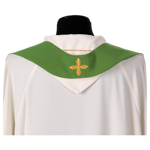 Two-tone stole, white, green, polyester cross and wheat 5