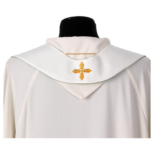 Two-tone stole, white, green, polyester cross and wheat 6