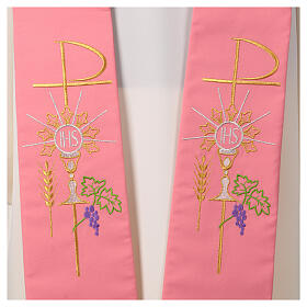 Pink polyester stole with Chi-Rho and Eucharistic symbols