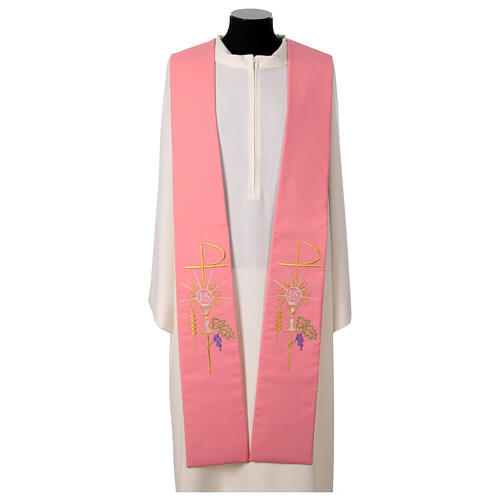 Pink polyester stole with Chi-Rho and Eucharistic symbols 1
