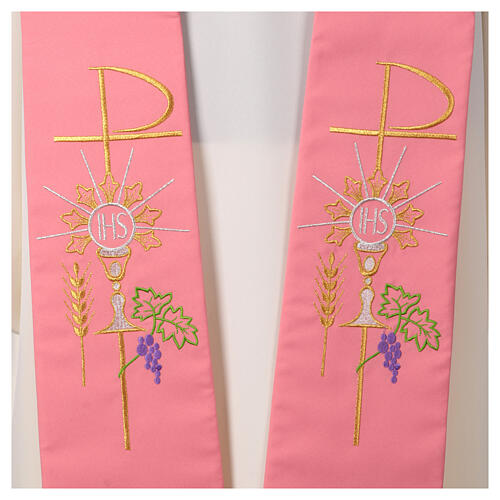 Pink polyester stole with Chi-Rho and Eucharistic symbols 2