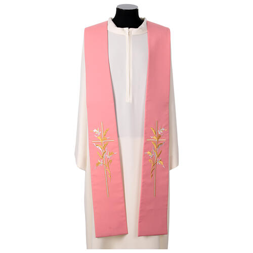 Pink polyester stole with cross and wheat 1