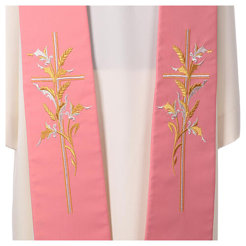 Pink polyester stole with cross and wheat 2