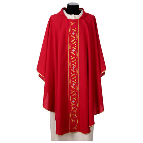 Priest chasuble with embroidery of golden wheat and silver crosses, 100% polyester 3