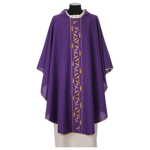 Priest chasuble with embroidery of golden wheat and silver crosses, 100% polyester 8
