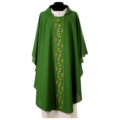 Casula para sacerdote 100% poliéster bordado trigo dourado cruzes prateadas 2
