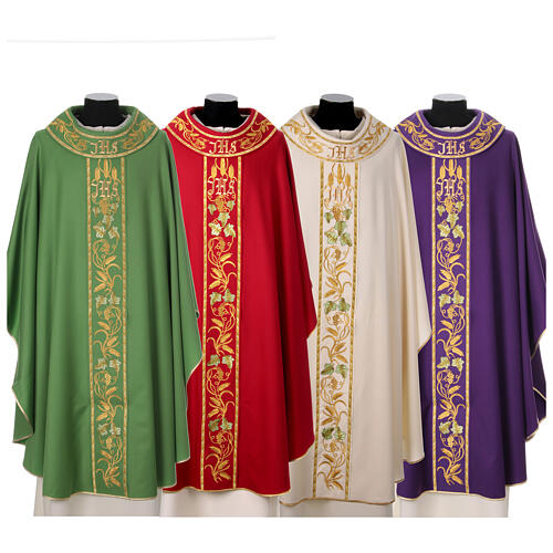 Priest chasuble with decorated band, IHS grapes and wheat, 100% pure wool 1