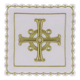 In Primis Altar linens with golden Greek cross embroidery, blended cotton