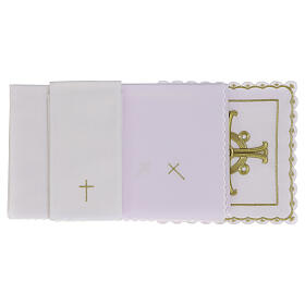 In Primis Altar linens with golden Greek cross embroidery, blended cotton