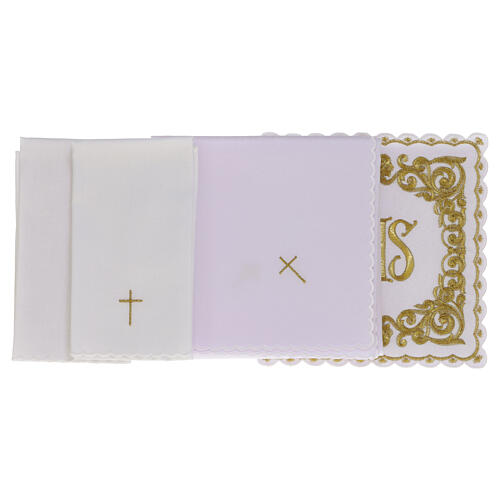 In Primis white and gold blended cotton altar linens with JHS 2