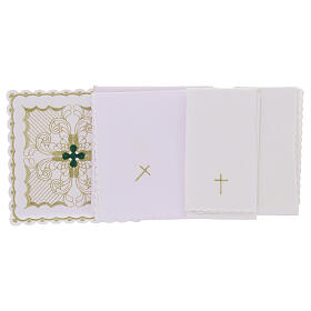 Conjunto de altar cruz verde bordada a ouro In Primis em mistura de algodão