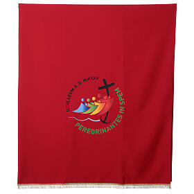 Red antependium with printed official logo of 2025 Jubilee