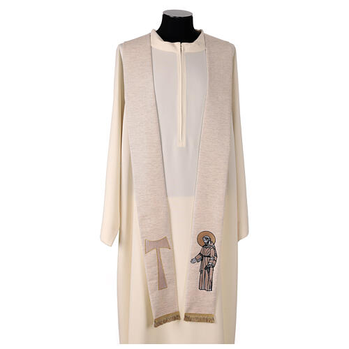 Franciscan stole with embroidery, ivory and beige 1