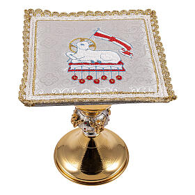 Lamb chalice pall with seven seals in white satin with gold embroidery 15x15 cm