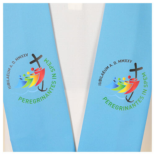 Himmelblaue Jubiläumsstola 2025 mit Logo-Druck auf Vatikanstoff 2