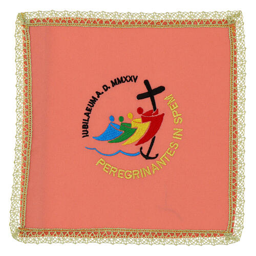Palla calice Giubileo 2025 rosa ricamo oro 20x20 cm tessuto Vatican 1
