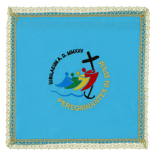 Palla Giubileo 2025 copricalice azzurra ricamo oro 20x20 cm tessuto Vatican 1
