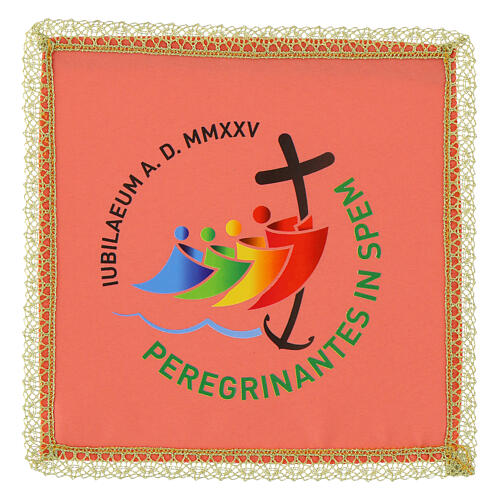 Rosa Kelch Palla Jubiläum 2025 gedrucktes Logo Vatikanstoff 20x20 cm 1