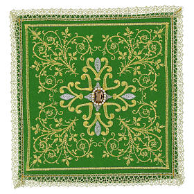 Rigid chalice pall with embroidered stones, cotton blend