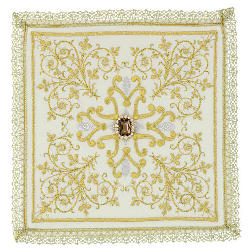 Rigid chalice pall with embroidered stones, cotton blend 4