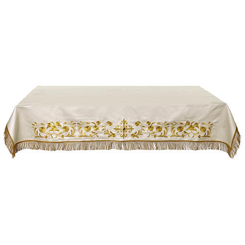 Tovaglia avorio altare ricamo oro con applicazione gioiello 165x100 cm 1