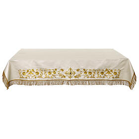 Toalha para altar cor de marfim bordada ouro com aplicação de jóia 165x100 cm