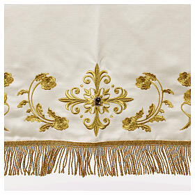 Toalha para altar cor de marfim bordada ouro com aplicação de jóia 165x100 cm