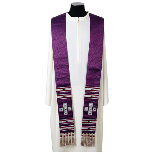 Purple silk damask stole with crystals by Vebi Confezioni 1