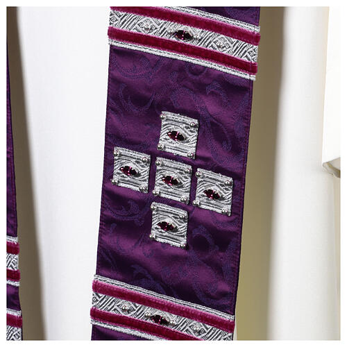 Purple silk damask stole with crystals by Vebi Confezioni 2