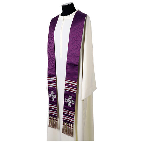 Purple silk damask stole with crystals by Vebi Confezioni 3